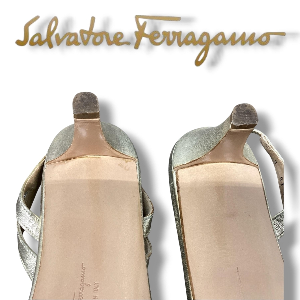Salvatore FERRAGAMO Gold Kitten Heel Women's Leather Metallic Slingback Sandals - Picture 9 of 11